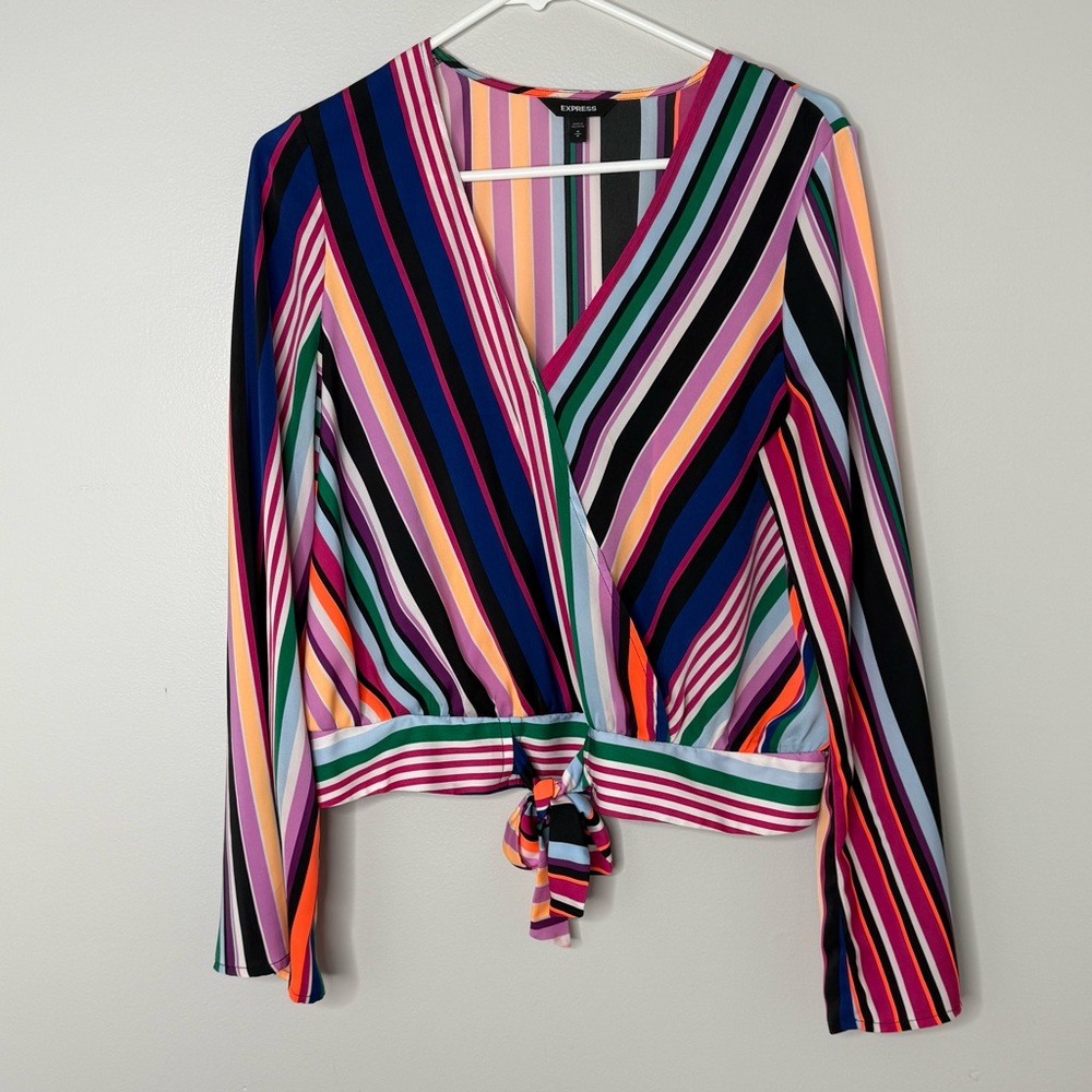 Express Striped Wrap Blouse Colorful Size M Women’s Bell Sleeve Retro